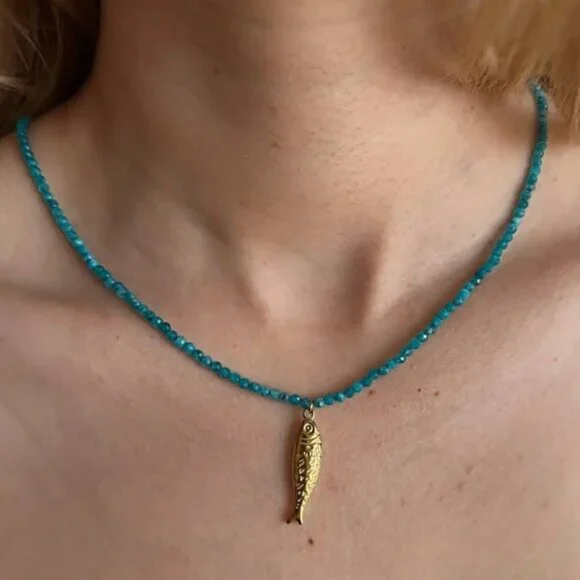 Fish Pendant + Blue Beaded Necklace Gold Fish Necklace WATERPROOF Jewelry PRETTY - Picture 4 of 11